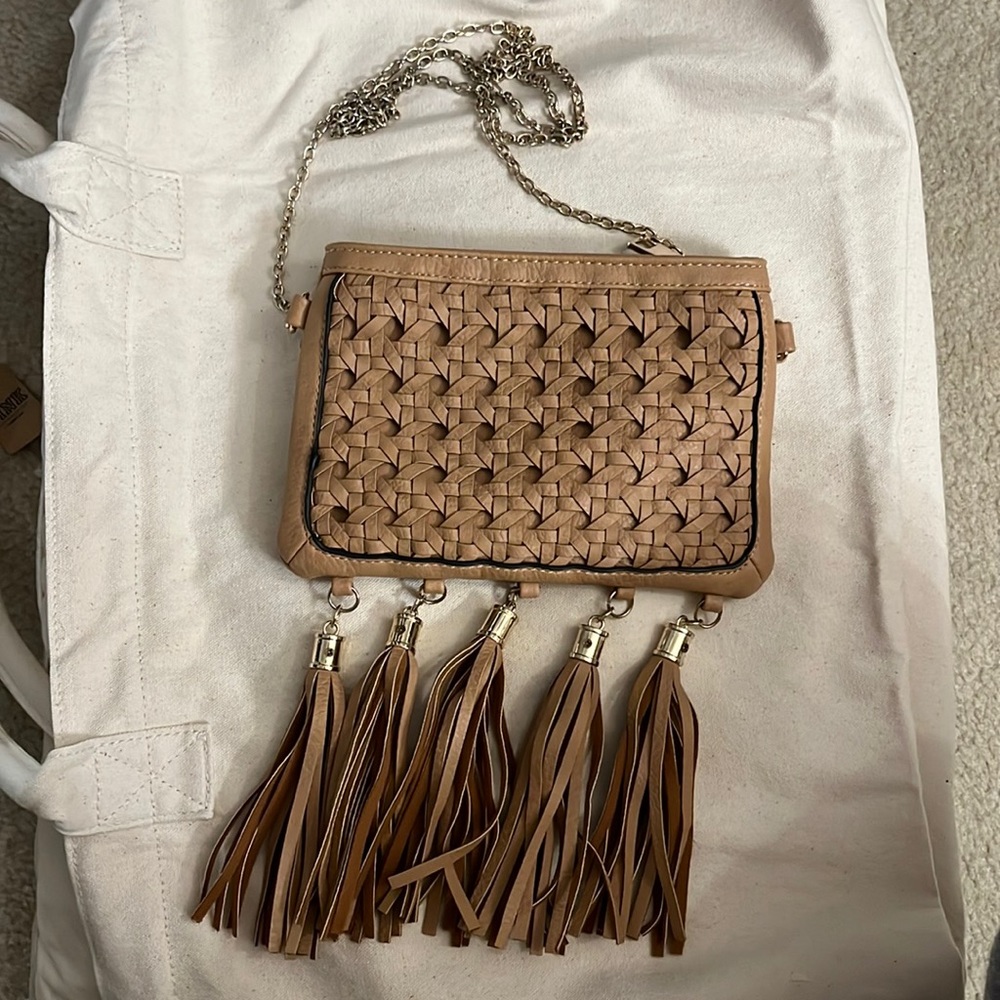 Mini purse with tassels. Medium tan color